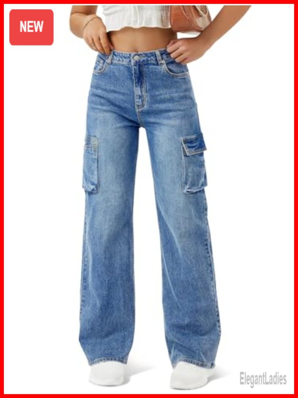 High Waisted Cargo Jeans for Women with 6 Pockets Straight Wide Leg